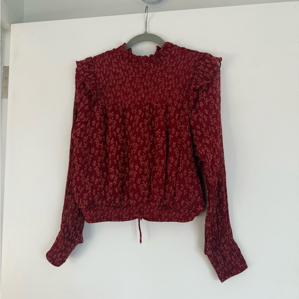 Womens Red Floral Smocked Long-Sleeve Top